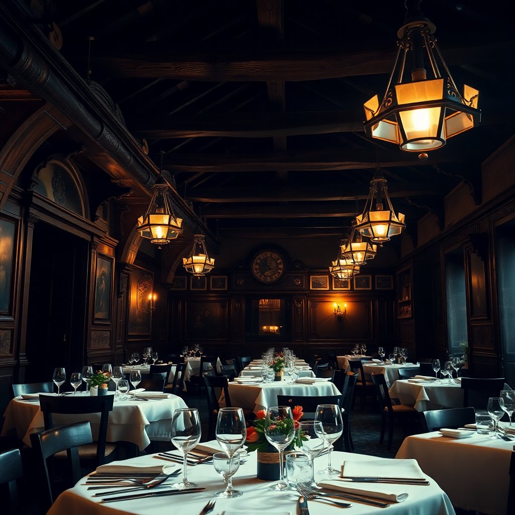 Cinematic photo of a cozy, elegant historical restaurant interior from the 18th century, warm lighting, wooden beams, fine dining table setting, soft shadows, 4k.
