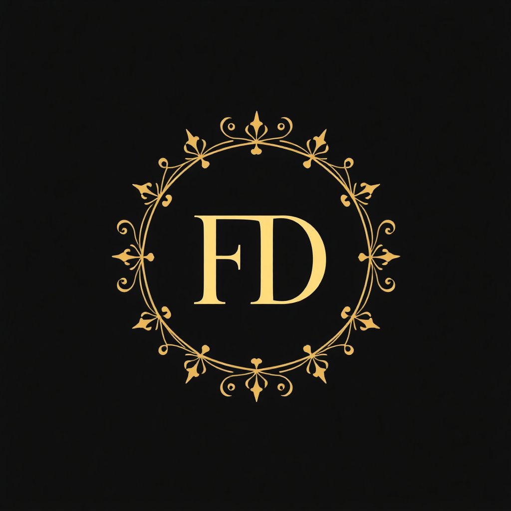 Elegant minimalist restaurant logo icon, stylized initials FD in a fine circular gold ornament, luxury vector style, isolated on charcoal background